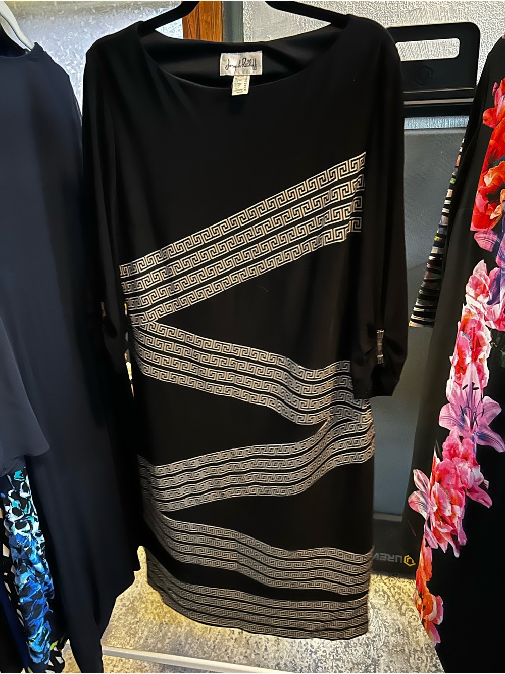 Joseph Ribkoff Black Midi Dress with Silver Geometric Bands